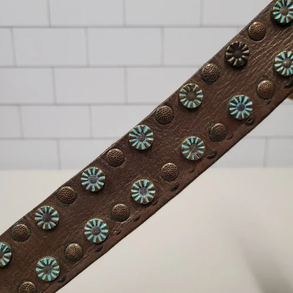 Nine West Brown Leather Studded Belt Turquoise Buckle Women's Size L/XL